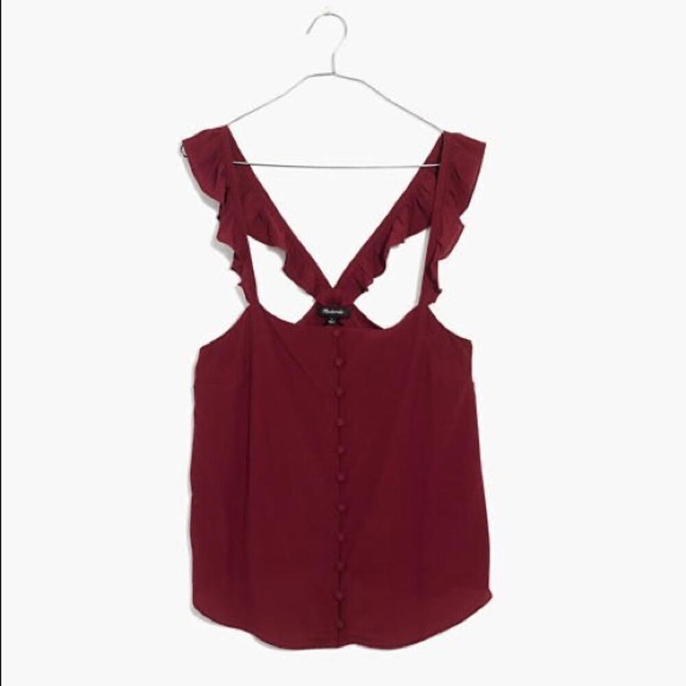 Madewell Ruffle Strap Cami Top Burgundy Wine Button Front Tank NWT 00 K7781